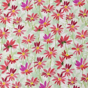 May include: A seamless fabric pattern featuring pink and white flowers on a light green background. The flowers are stylized and have a watercolor effect.