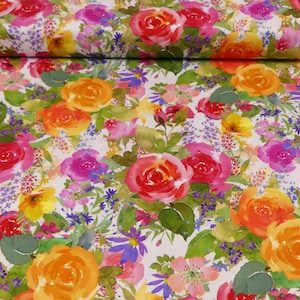 May include: A white fabric with a watercolor floral print featuring pink, red, orange, and yellow roses, along with smaller purple, pink, and yellow flowers.