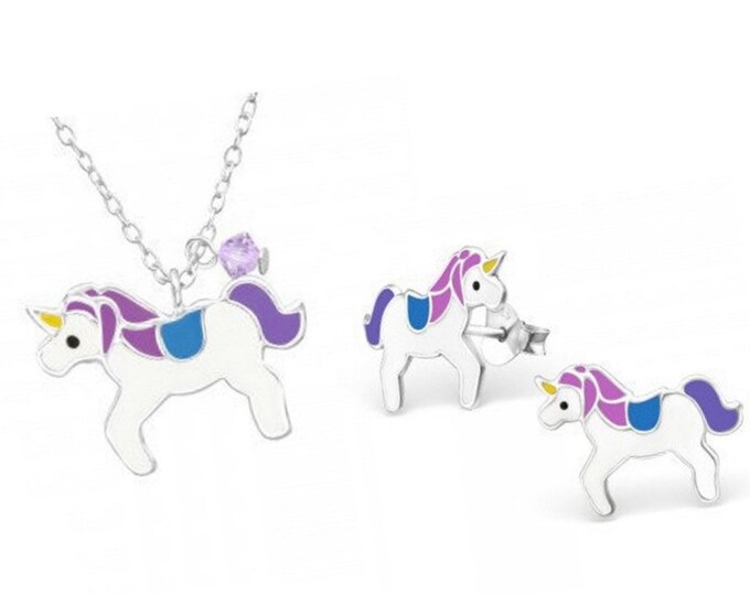 UNICORN NECKLACE SET, Sterling Silver Necklace, Unicorn Earrings, Unicorn Stud Earrings, Children’s Jewellery Set, Girls Gift