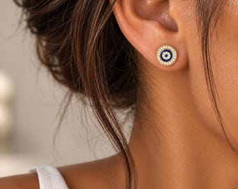 Evil Eye Earrings in gold-colour sterling silver. Nazar Lucky Eye studs for protection & good luck. Elegant everyday jewellery, gift for her
