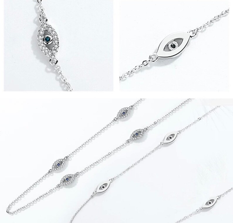 May include: A silver-toned chain bracelet featuring multiple eye-shaped charms. Some charms are encrusted with small clear stones and a central dark blue stone, while others are smooth silver metal with a dark center detail.