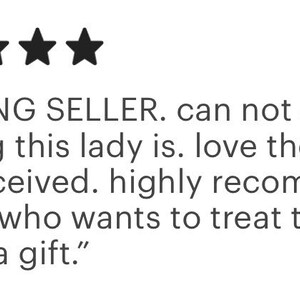 May include: A five-star customer review featuring the text: AMAZING SELLER. can not express how amazing this lady is. love the necklace i have received. highly recommend to anyone who wants to treat themselves or give as a gift.