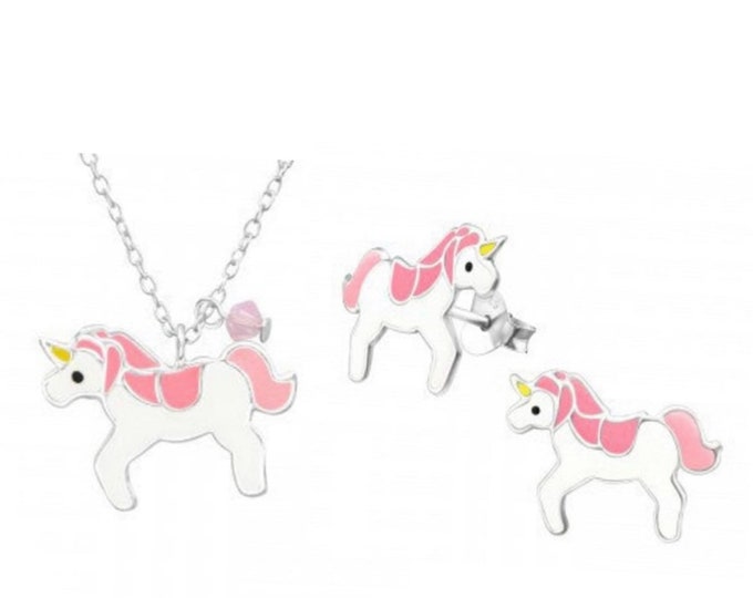 UNICORN NECKLACE SET, Sterling Silver Necklace, Unicorn Earrings, Unicorn Stud Earrings, Children’s Jewellery Set, Girls Gift