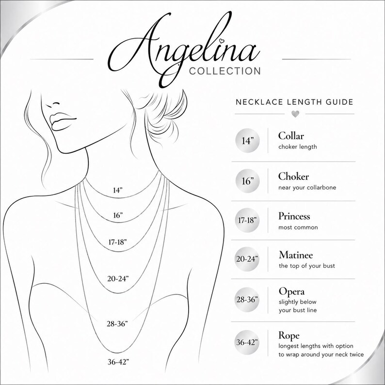 May include: A black and white Angelina Collection necklace length guide illustration showing a line drawing of a neck and chest with six layered necklace lengths labeled 14, 16, 17-18, 20-24, 28-36, and 36-42 inches with corresponding style names.