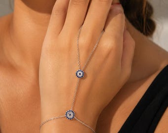 LUCKY EYE BRACELET, Silver Evil Eye Bracelet, Slave Bracelet Sterling Silver, Hand Wrap Bracelet, Ring Chain Bracelet, Festival Jewellery