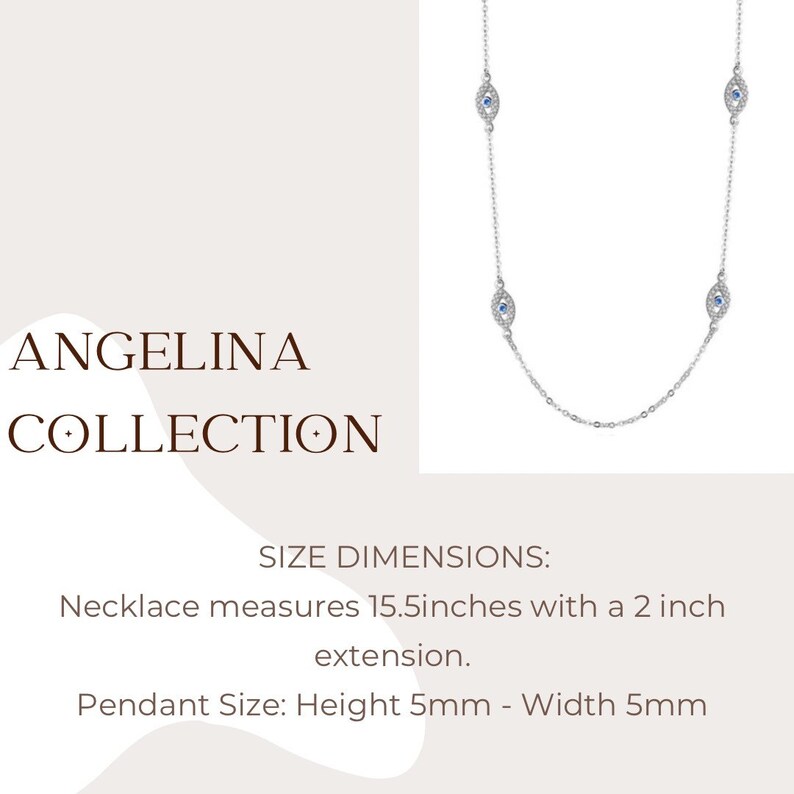 May include: A silver-tone chain necklace from the Angelina Collection featuring four eye-shaped pendants with blue centers and clear stones. The necklace measures 15.5 inches with a 2 inch extension, and each pendant measures 5mm by 5mm.