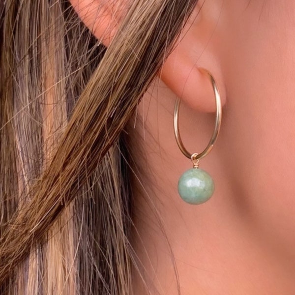 Jade and peach moonstone charm hoops (tarnish resistant, 14K gold-filled or sterling silver)