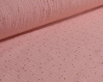 0,5 m Musseline Stoff rosa & gold Öko-Tex, Double Gaze Gauffré rosa mit goldenen Punkten, Mousseline, Mulltuch