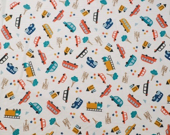 Fabric white vehicles, cars, bus, helicopter cotton fabric Öko Tex