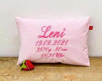 Birth pillow with name in Vichy check pink for girls