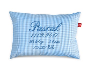 Birth pillow with names in Vichy check light blue for boys and girls