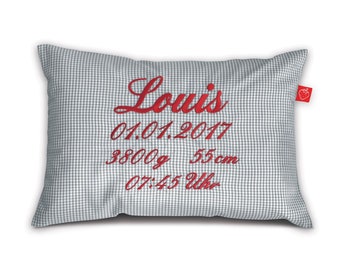 Birth pillow with names in Vichy check gray for boys and girls