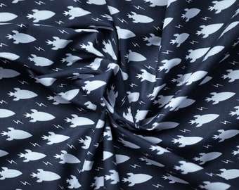Fabric rocket light gray on dark blue Öko Tex, space travel, spaceship, very nice cotton for boys and girls
