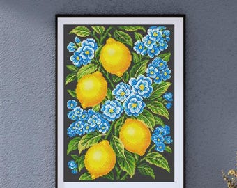 Lemons and Blue Flowers Cross Stitch Pattern PDF | 13 DMC Colors | Instant Download | Modern Embroidery Design