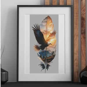 May include: Framed art print depicting an eagle in flight within a feather design. The artwork includes a sunset and forest scene, presented in a black frame with white mount. The print is suitable for home decor.