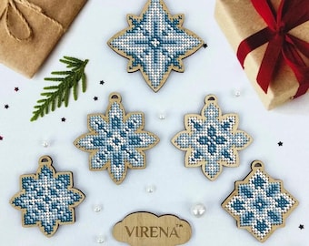 Beaded Snowflake Ornament Kit Set of 5| Wooden Christmas Decorations for Embroidery | Double-Sided DIY Holiday Craft | VIRENA Ukraine