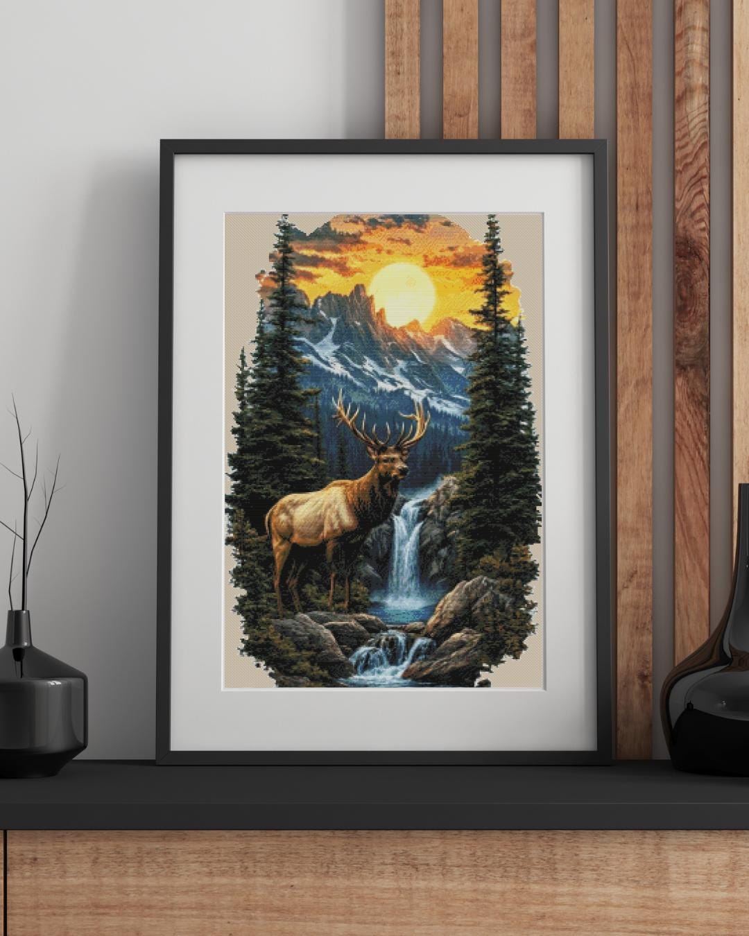Majestic Deer With Mountain Waterfall Cross Stitch Pattern – Digital ...