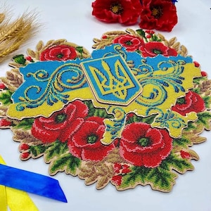Kit de broderie de perles « Carte de l'Ukraine » | Drapeau ukrainien à faire soi-même avec des coquelicots et du blé | Décor Trident | Décoration murale pour la maison ukrainienne | Cadeau patriotique