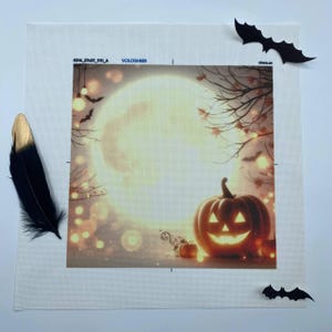 May include: A cross-stitch pattern featuring a jack-o'-lantern in front of a full moon with a glowing orange light. The background is a dark forest with a branch of leaves and a few lights.
