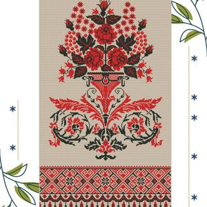May include: A cross-stitch design featuring a floral arrangement in red and black on a beige background. The design includes roses, leaves, and geometric patterns. The bottom border has a repeating diamond and tassel pattern.