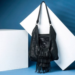 Black hobo bag with fringe / Large leather Shoulder  Bag/ Black leather slouchy bag