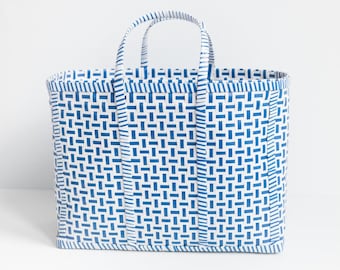 Handwoven Upcycled Shopping Basket in Blue and White | Reusable Gift Bag| Laundry Basket | Gym Bag