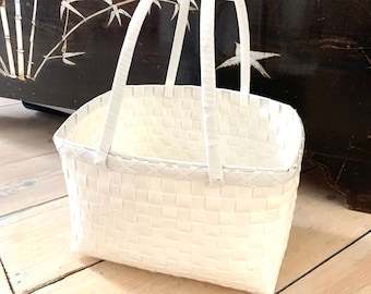 Woven White Grocery Shopping Basket with Long Handles | Upcycled Woven Basket | Shopping Basket | Market Basket