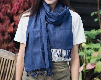 100% Pure Luxury Lotus Silk Scarf Handmade, Loom Woven in Indigo