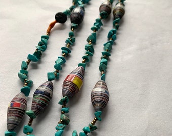 Turquoise Howlite and Abstract Paper Bead Necklace | Long Statement Necklace | Burmese Necklace