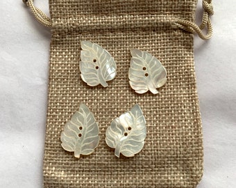 Leaf Mother of Pearl Rare Buttons | 4 x Hand Carved Leaf Buttons | Natural Buttons | Two Hole Buttons Collectors