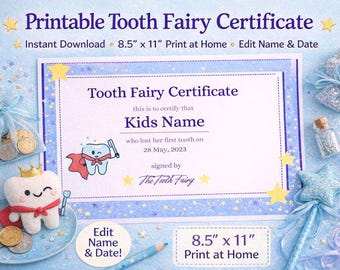Tooth fairy certificate printable, editable template PDF, first tooth award