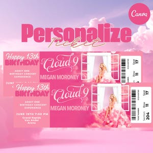 May include: A pink rectangular concert ticket template featuring the text Happy 13th Birthday, The Cloud 9 Tour, and Megan Moroney. The design includes an image of a person sitting in a window frame surrounded by pink clouds, a barcode, and seat details.