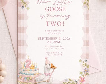 Little Goose Turning Two Invitation, 5x7 Canva Template, Digital Download