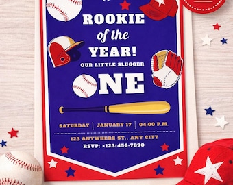 Rookie of the Year Baseball Birthday Invitation – Editable Canva Template (5x7)