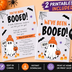 May include: Two white rectangular Halloween signs measuring 8.5 x 11 inches. One sign reads You've Been Booed, the other We've Been Booed. Both feature a cartoon ghost wearing an orange beanie, holding a Boo sign and a jack-o'-lantern bucket.