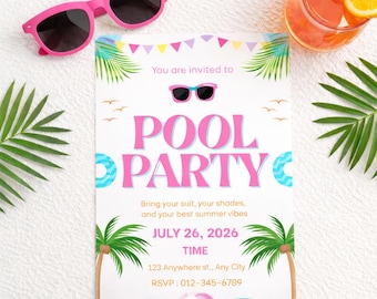 Pool Party Birthday Invitation Template | Editable in Canva | 5x7 Summer Birthday Invite | Instant Download