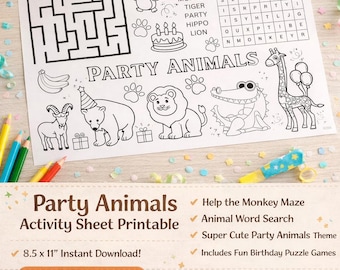 Party Animal Activity Sheet printable, birthday game pack for kids, zoo safari theme