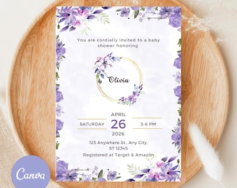 Lavender Baby shower Invitation, Baby in Bloom, Editable