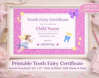 Tooth fairy certificate printable, editable template PDF, first tooth award