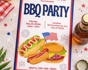 BBQ digital invite, editable BBQ party invitation, instant download, patriotic cookout, printable