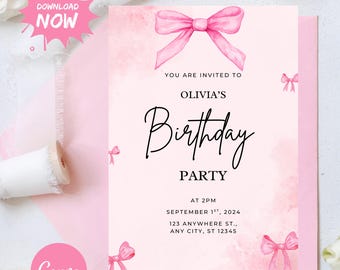 Pink Bow Birthday Invitation: Girl Party Invite, 5x7 (Canva Template)