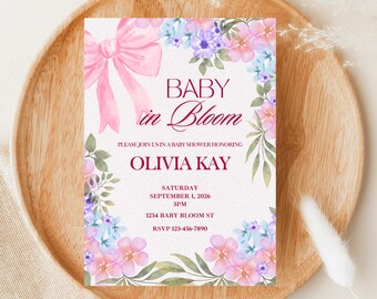 Baby In Bloom Shower Invite, Floral, Pink Bows