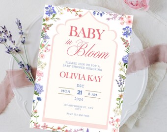Baby in Bloom Invitation, Wildflower Baby Shower Invite, Editable Canva Template