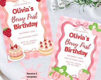 Berry First Bday Template, First Birthday Invite, Printable Birthday Invitation, Berry Theme