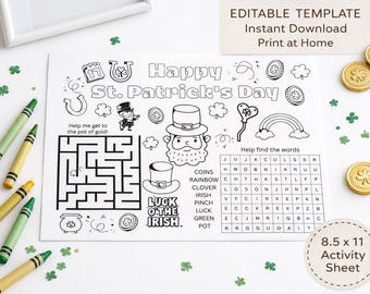 St. Patrick's Day kids activity sheet printable, maze, word search, coloring page PDF