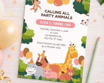 Calling All Party Animals birthday invitation, editable template, safari zoo theme