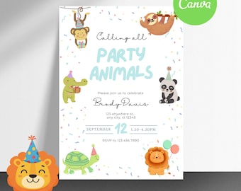 Calling All Party Animals Birthday Hats Kids Invitation Template: Safari theme