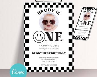 ONE Happy Dude First Birthday Invitation | 5x7 Editable Photo Template