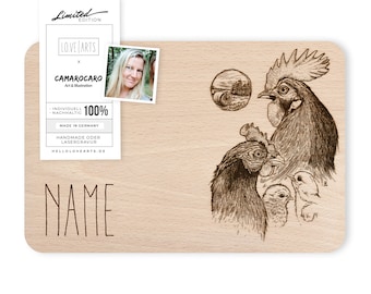 Holzbrett "Hühnerfamilie" (mit Namen) von Camarocaro