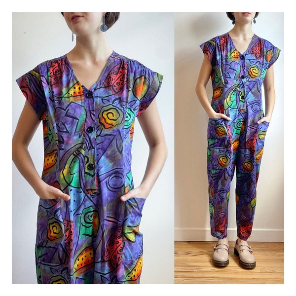 French Vintage 1980’s Avant Garde Cotton Festival Jumpsuit, Boilersuit, Summer Romper - Size Small